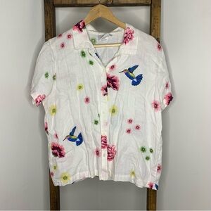 Hot Cotton by Marc Ware Floral and Bird Print Button-Up Shirt M